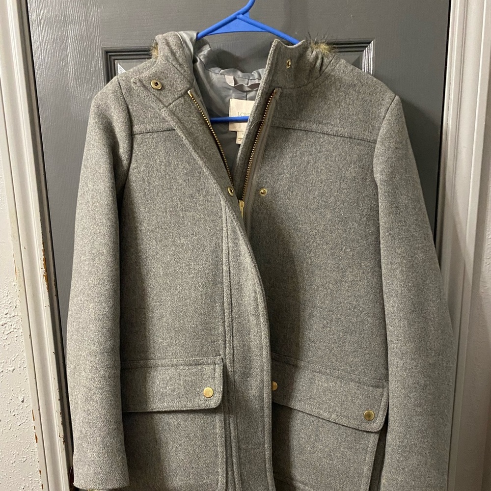 J. Crew Gray Faux Fur Hooded Wool Blend Parka Coat Womens Size 00 Mid Length